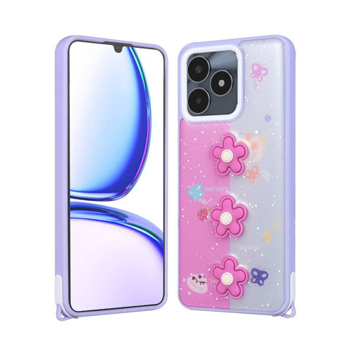 Realme C53 Kılıf Parlayan Simli Kabartma Figürlü Cevze Kılıf - Mor Papatya