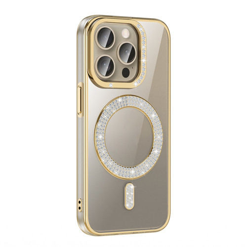 iPhone 15 Pro Kılıf Pırlanta Taş Tasarımlı M-safe Şarj Özellikli Karetta Silikon Kılıf - Gold