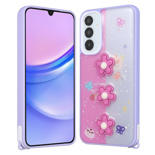 Galaxy S23 FE Kılıf Parlayan Simli Kabartma Figürlü Cevze Kılıf - Mor Papatya
