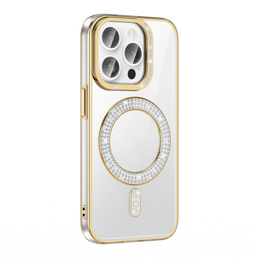 iPhone 14 Pro Max Kılıf Pırlanta Taş Tasarımlı M-safe Şarj Özellikli Karetta Silikon Kılıf - Gold