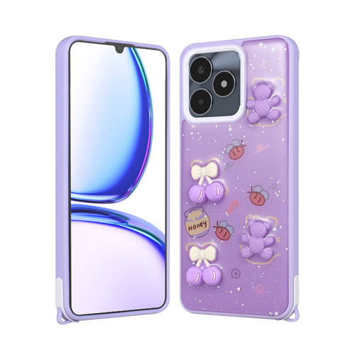 Realme C53 Kılıf Parlayan Simli Kabartma Figürlü Cevze Kılıf - Mor Ayı