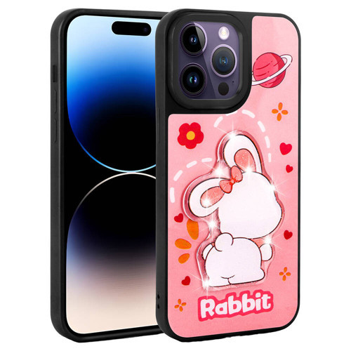 iPhone 14 Pro Max Kılıf Parlayan Kabartmalı İkonik Figürlü Amas Silikon Kılıf - Pembe