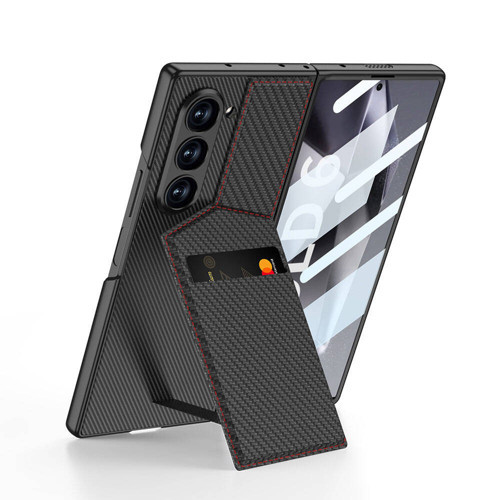 Galaxy Z Fold 6 Kılıf Karbon Fiber Kartlıklı Kıpta Dik Açılan Kartlıklı Kılıf - Siyah