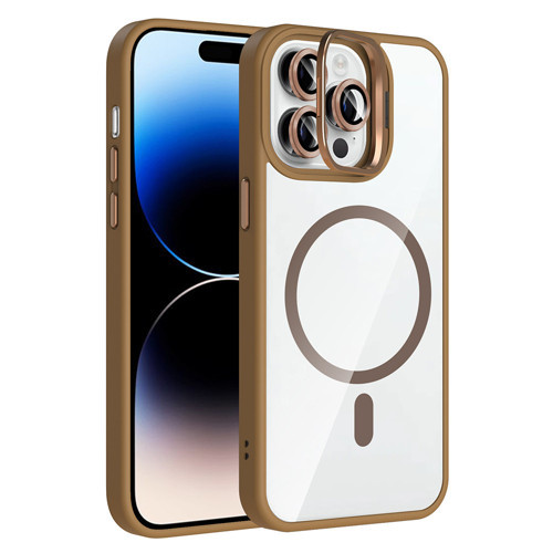 iPhone 14 Pro Max Kılıf Standlı ve Kamera Lens Hediyeli M-Safe Şarj Özellikli Etro Kılıf - Desert Titanyum