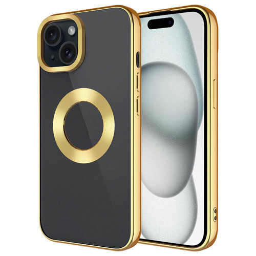 iPhone 15 Kılıf Tek Kamera Çerçeveli Logo Gösteren Omega Kılıf - Gold