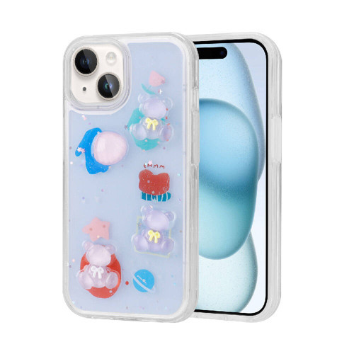 iPhone 15 Plus Kılıf Kabartma Figürlü Parlak Minimini Silikon Kılıf - Mor