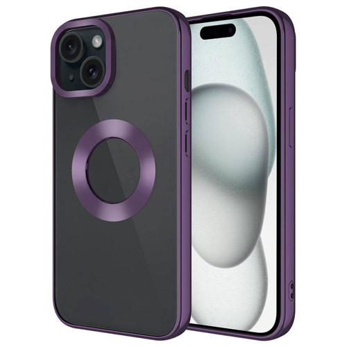 iPhone 15 Kılıf Tek Kamera Çerçeveli Logo Gösteren Omega Kılıf - Derin Mor