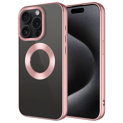 iPhone 15 Pro Kılıf Tek Kamera Çerçeveli Logo Gösteren Omega Kılıf - Rose Gold