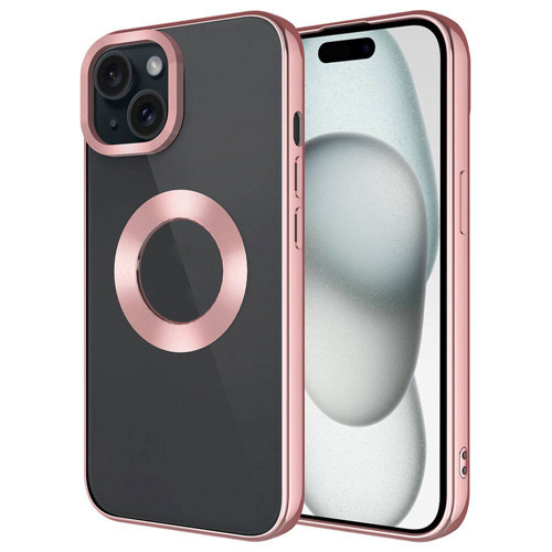 iPhone 15 Plus Kılıf Tek Kamera Çerçeveli Logo Gösteren Omega Kılıf - Rose Gold
