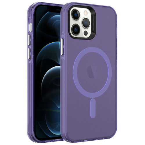 iPhone 12 Pro Kılıf M-safe Şarj Özellikli Buzlu Transparan C-Pro Sert Kılıf - Derin Mor
