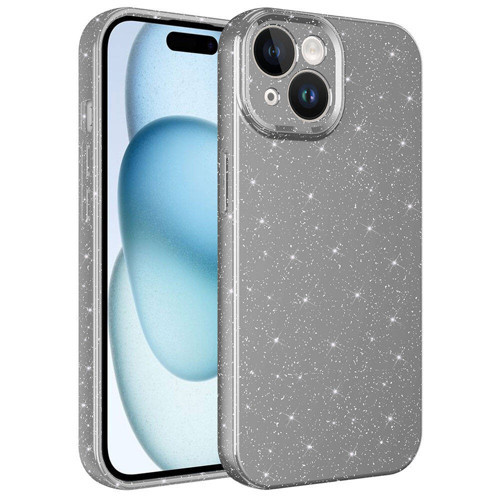 iPhone 15 Plus Kılıf Kamera Korumalı Simli Lüks Koton Kılıf - Gri