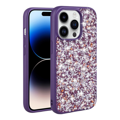 iPhone 14 Pro Max Kılıf Parlak Taşlı Tasarım Linea Kılıf - Derin Mor