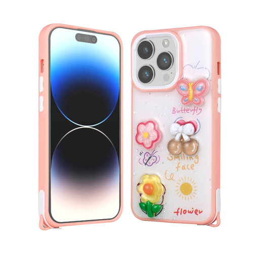 iPhone 14 Pro Max Kılıf Parlayan Simli Kabartma Figürlü Cevze Kılıf - Pembe