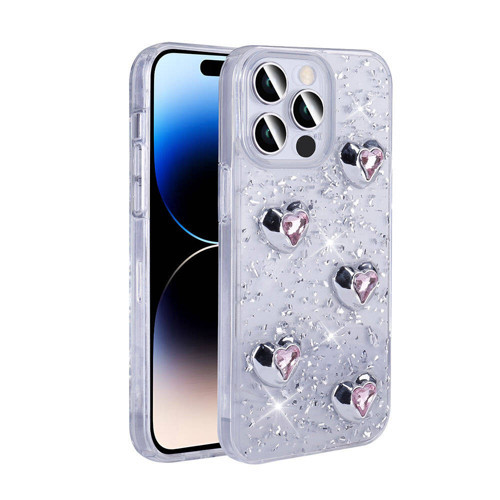 iPhone 14 Pro Max Kılıf Airbagli Simli Arka Yüzey Işıltı Silikon Kılıf - Beyaz-Kalp