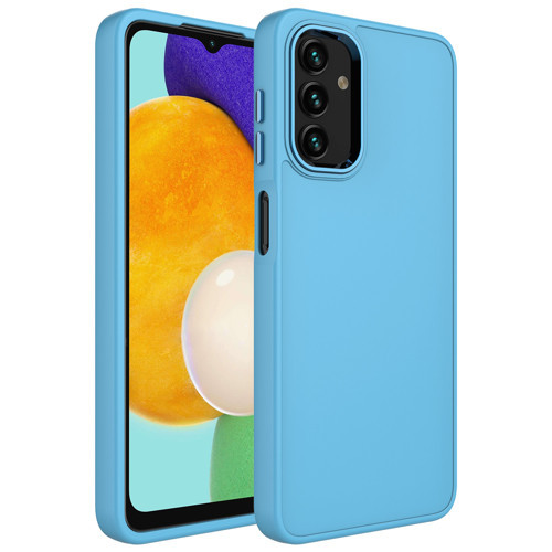 Galaxy A04S Kılıf Metal Çerçeve ve Buton Tasarımlı Silikon Luna Kılıf - Sierra Mavi