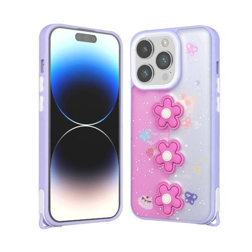 iPhone 14 Pro Max Kılıf Parlayan Simli Kabartma Figürlü Cevze Kılıf - Mor Papatya