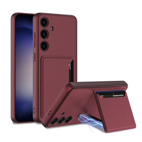 Galaxy S24 Suni Deri Arka Yüzey Kartlıklı Kıpta Silikon Kılıf - Mürdüm