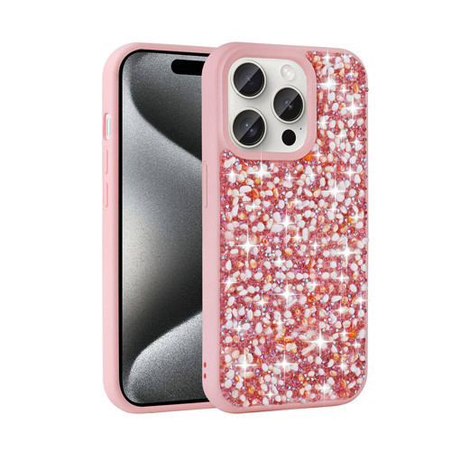 iPhone 15 Pro Kılıf Parlak Taşlı Tasarım Linea Kılıf - Pembe