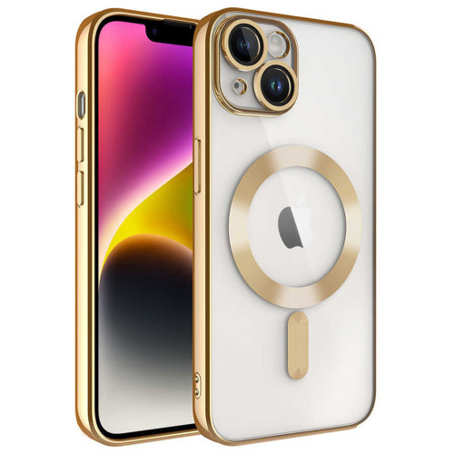 iPhone 14 Plus Kılıf Kamera Korumalı M-safe Wireless Şarj Özellikli Demre Kılıf - Gold