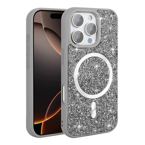 iPhone 16 Pro Kılıf Pırlanta Tasarımlı M-safe Şarj Özellikli Mozaik Silikon Kılıf - Titanyum-Gri