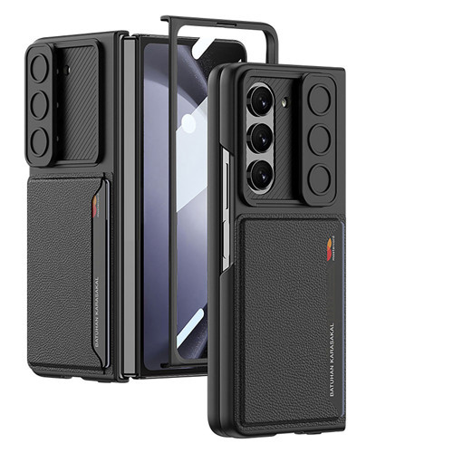Galaxy Z Fold 5 Suni Deri Arka Yüzey Sürgülü Kamera Korumalı Kartlıklı Kıpta Silikon Kılıf - Siyah