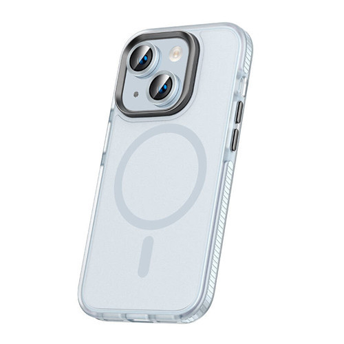 iPhone 15 Plus Kılıf Airbagli M-safe Wireless Şarj Özellikli Lens Koruyuculu Klaptika Kılıf - Mavi Açık