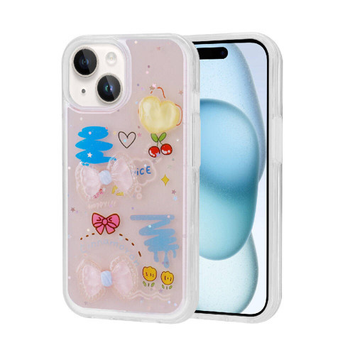 iPhone 15 Plus Kılıf Kabartma Figürlü Parlak Minimini Silikon Kılıf - Pembe