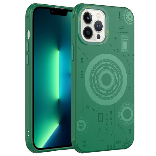 iPhone 13 Pro Max Kılıf Wireless Şarj Özellikli Desenli Hot Kılıf - Koyu Yeşil