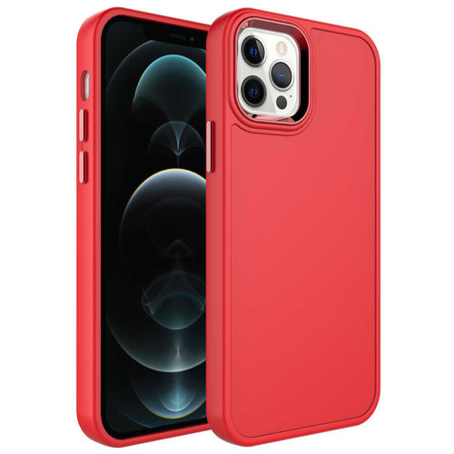 iPhone 12 Pro Max Kılıf Metal Çerçeve ve Buton Tasarımlı Sert Botox Kılıf - Kırmızı