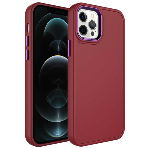 iPhone 12 Pro Max Kılıf Metal Çerçeve ve Buton Tasarımlı Sert Botox Kılıf - Koyu Mor