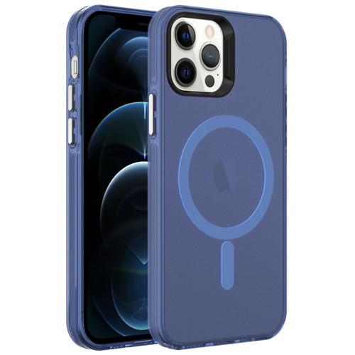 iPhone 12 Pro Kılıf M-safe Şarj Özellikli Buzlu Transparan C-Pro Sert Kılıf - Lacivert