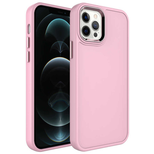iPhone 12 Pro Max Kılıf Metal Çerçeve ve Buton Tasarımlı Sert Botox Kılıf - Pembe Açık