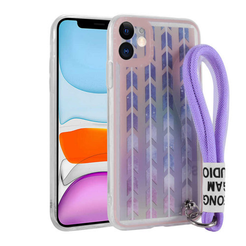 iPhone 11 Kılıf Desenli El Askılı İpli Astana Silikon Kılıf - Şerit