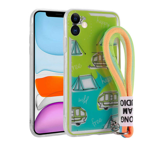 iPhone 11 Kılıf Desenli El Askılı İpli Astana Silikon Kılıf - Kamp