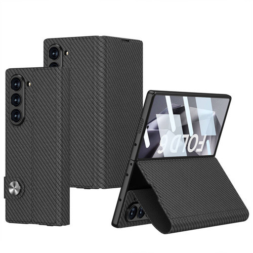 Galaxy Z Fold 6 Kılıf Karbon Fiber Tasarımlı Magnetik Tokalı Kartlıklı Kıpta Zegna Kılıf - Siyah