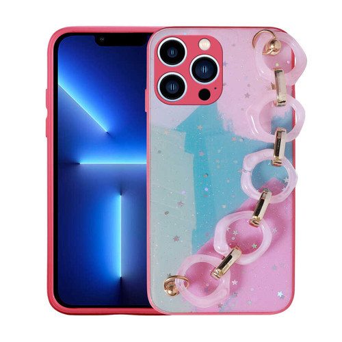 iPhone 13 Pro Max Kılıf Simli Desenli El Askılı Tutacaklı Elsa Silikon Kılıf - Pembe Koyu