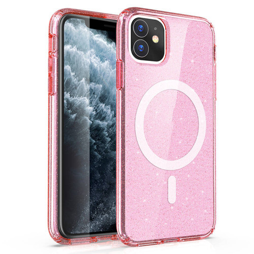 iPhone 11 Kılıf M-safe Şarj Özellikli Parlayan Simli Saydam Renkli Allstar Kılıf - Pembe