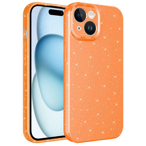 iPhone 15 Plus Kılıf Kamera Korumalı Simli Lüks Koton Kılıf - Turuncu