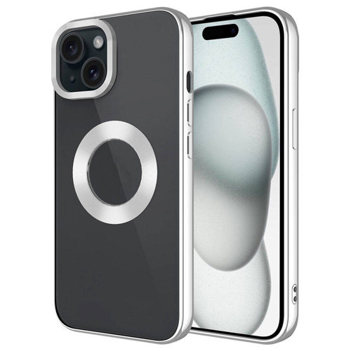 iPhone 15 Kılıf Tek Kamera Çerçeveli Logo Gösteren Omega Kılıf - Gümüş