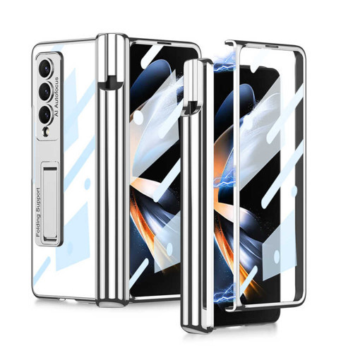 Galaxy Z Fold 4 Kılıf Kıpta Standlı Kalem Bölmeli Kılıf - Gümüş