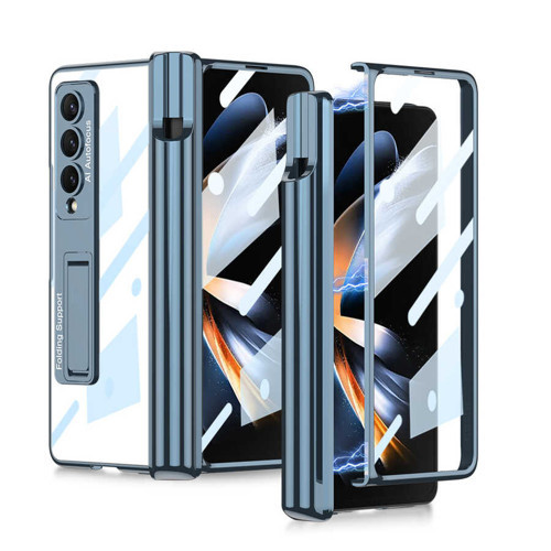 Galaxy Z Fold 4 Kılıf Kıpta Standlı Kalem Bölmeli Kılıf - Mavi
