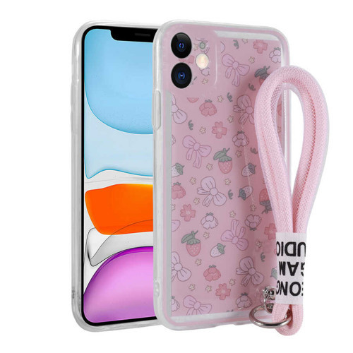 iPhone 11 Kılıf Desenli El Askılı İpli Astana Silikon Kılıf - Çilek