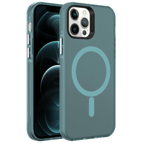 iPhone 12 Pro Kılıf M-safe Şarj Özellikli Buzlu Transparan C-Pro Sert Kılıf - Koyu Yeşil
