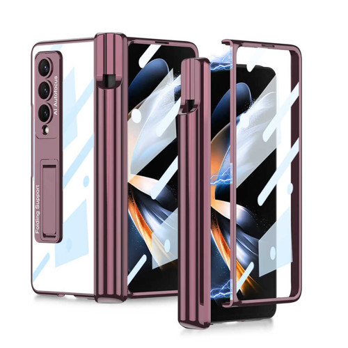 Galaxy Z Fold 4 Kılıf Kıpta Standlı Kalem Bölmeli Kılıf - Mürdüm