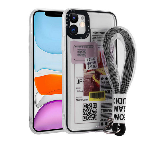iPhone 11 Kılıf Desenli El Askılı İpli Astana Silikon Kılıf - Sarı Taksi