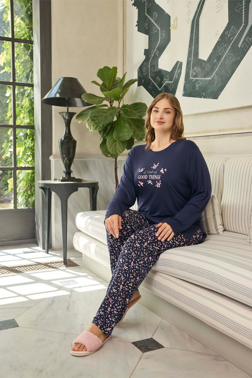 Kadın Büyük Beden Good Things Lacivert İnci Pijama Takımı 0646