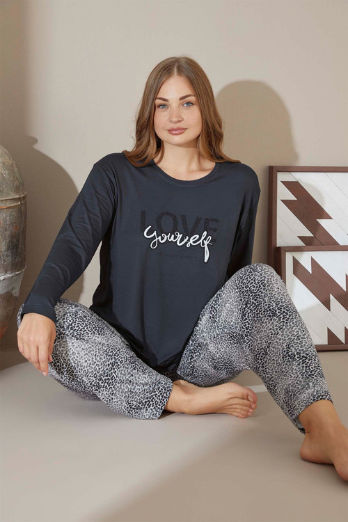 Kadın Büyük Beden Love Yourself Antrasit İnci Pijama Takımı 9170