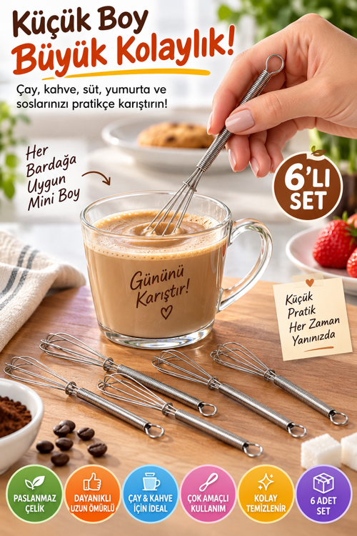 6'lı Mini Çırpıcı Seti 13 cm Paslanmaz Çelik Çay Kahve Yumurta Sos Karıştırıcı Yaylı Mutfak Çırpıcı