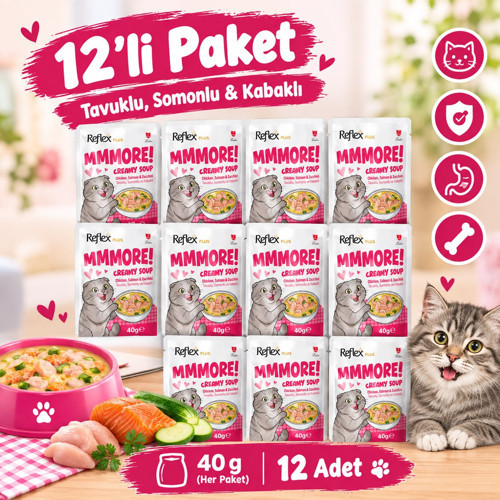 Plus Mmore Tavuklu,Somonlu ve Kabaklı Kremalı Kedi Çorbası 40 Gr*12li SET