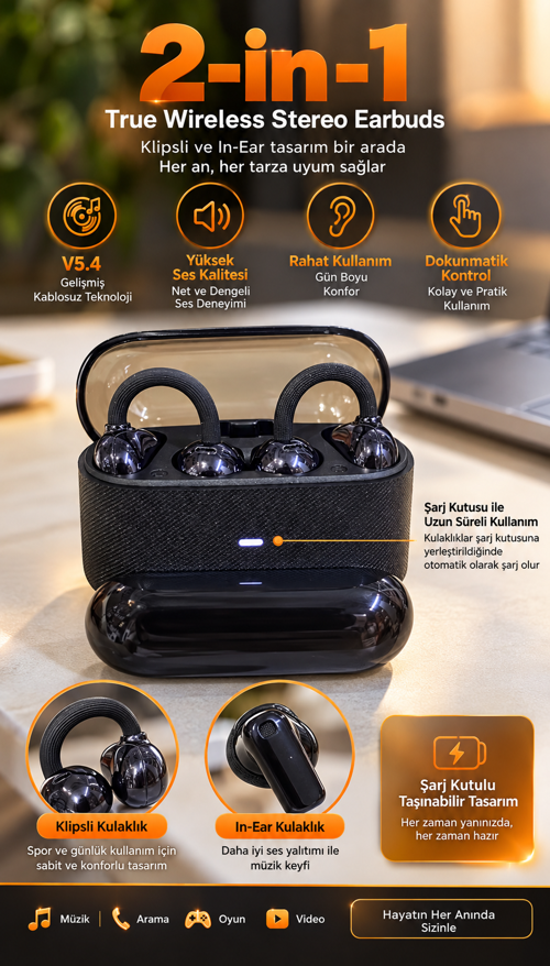 4 Kulaklıklı Kablosuz Bluetooth Kulaklık Klipsli ve Kulak İçi Kullanım 2’si 1 Arada Hi Fi Y�